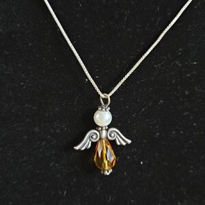 Angel necklace w/Italian sterling chain faux pearl & faceted stone